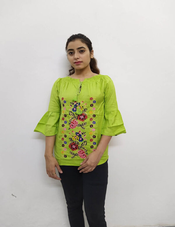 Green Girl Top With Floral Work - Image 2