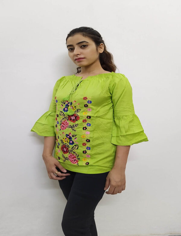 Green Girl Top With Floral Work - Image 3