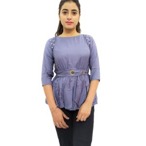 Gray (Shade of Blue) Solid Round Neck Women's Top With Belt