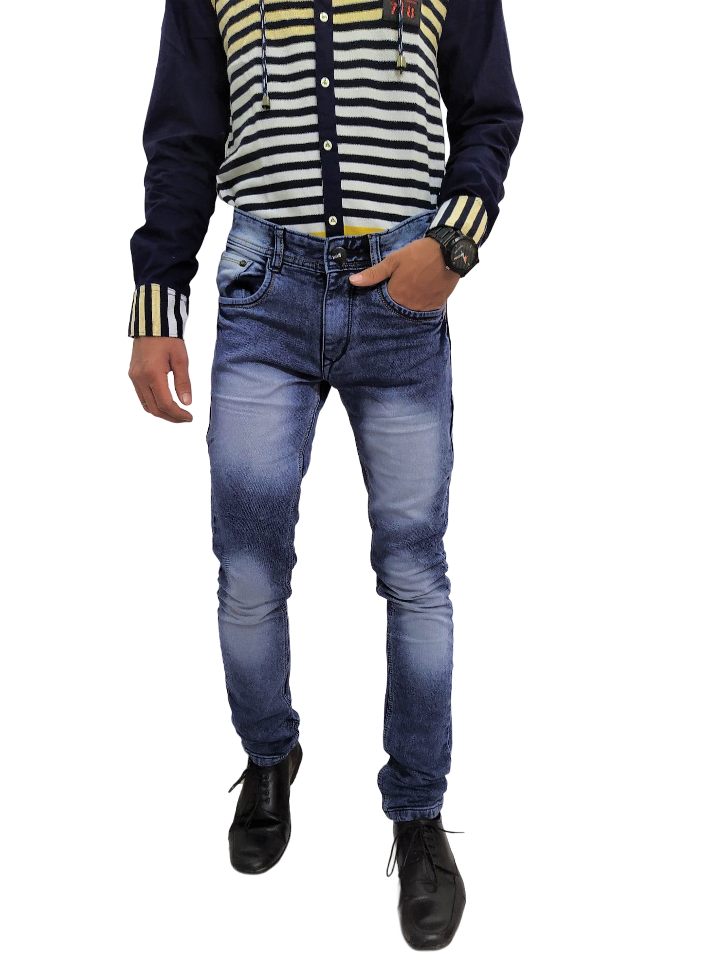 Men's Faded Navy Blue Jeans - Slim Fit - Image 2
