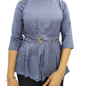Alternative view of Gray (Shade of Blue) Solid Round Neck Women's Top With Belt