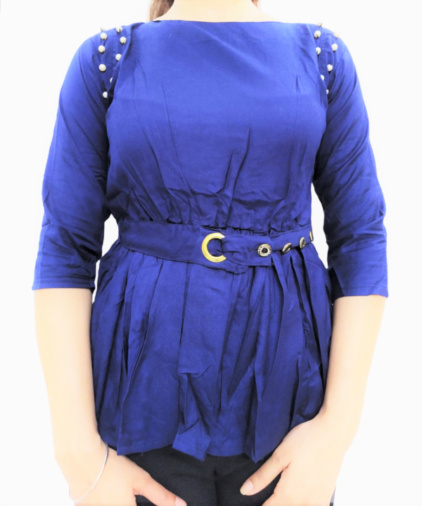 Navy Blue Solid Round Neck Women's Top With Belt - Image 2