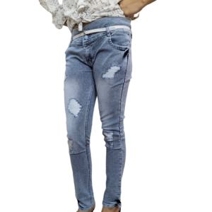 Alternative view of Single Buttoned Regular Fit Denim Rough Jeans for Women and Girls - Gray