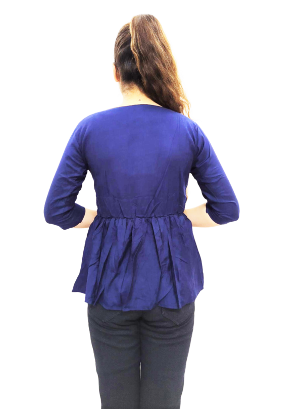 Navy Blue Solid Round Neck Women's Top With Belt - Image 3