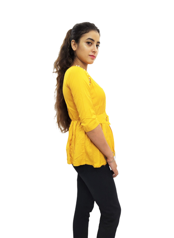 Yellow Solid Round Neck Women's Top With Belt - Image 4