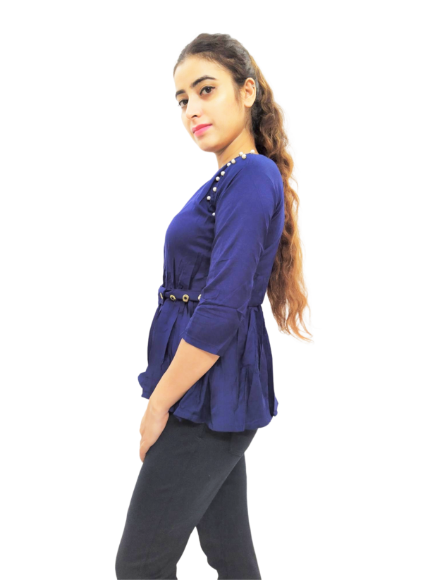 Navy Blue Solid Round Neck Women's Top With Belt - Image 4