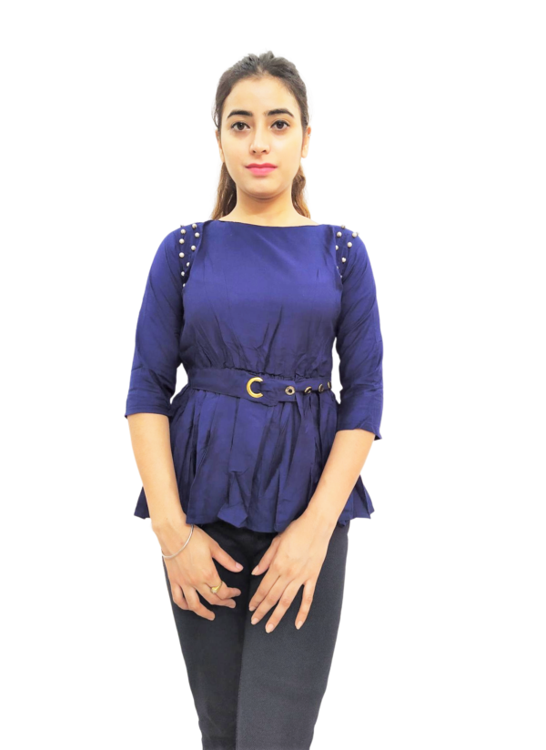 Navy Blue Solid Round Neck Women's Top With Belt - Image 5