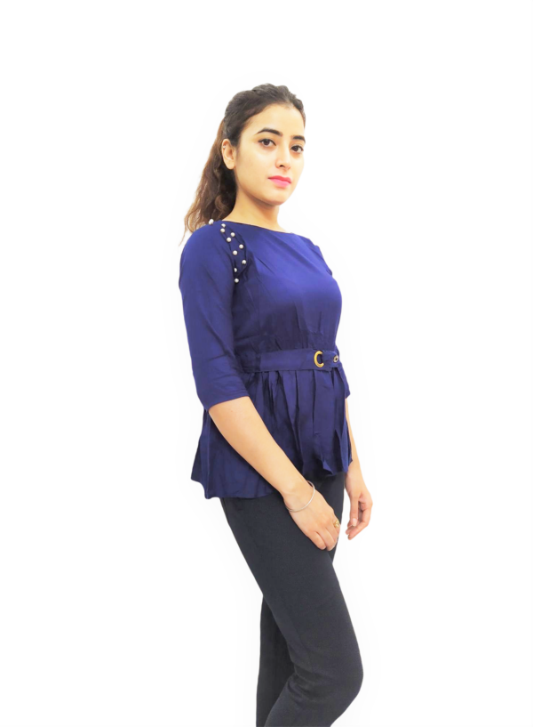 Navy Blue Solid Round Neck Women's Top With Belt - Image 6