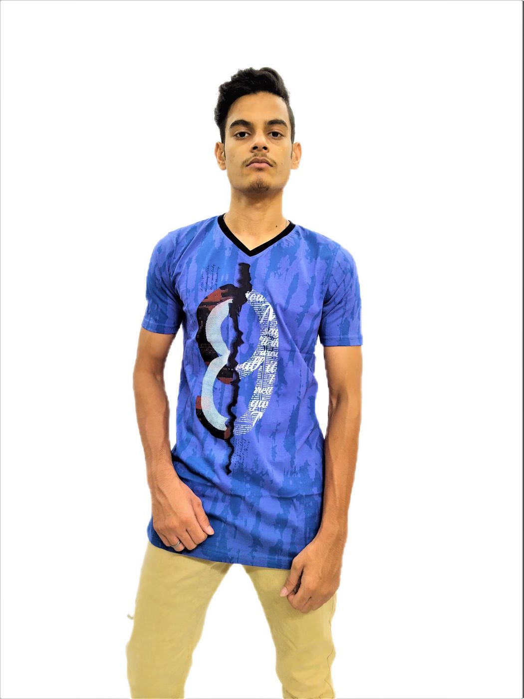 Men's Blue Print Regular Fit V-Neck Half Sleeve T-Shirt