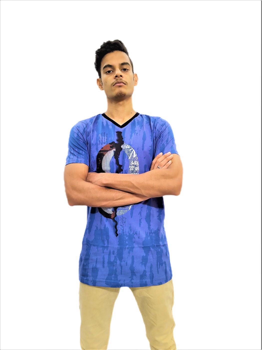 Men's Blue Print Regular Fit V-Neck Half Sleeve T-Shirt - Image 2