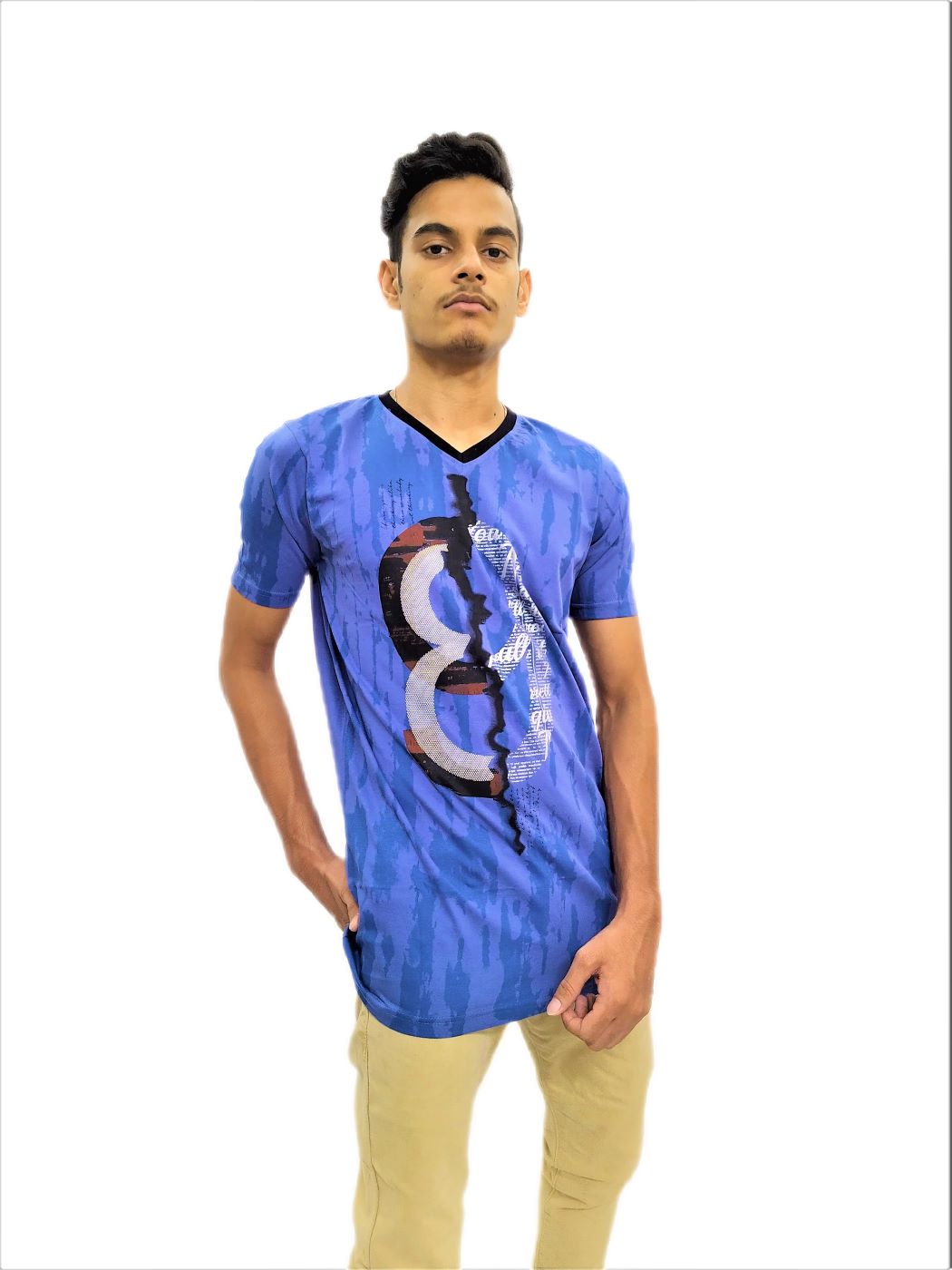 Men's Blue Print Regular Fit V-Neck Half Sleeve T-Shirt - Image 3