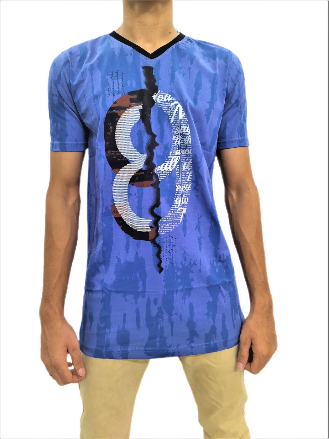 Men's Blue Print Regular Fit V-Neck Half Sleeve T-Shirt - Image 6