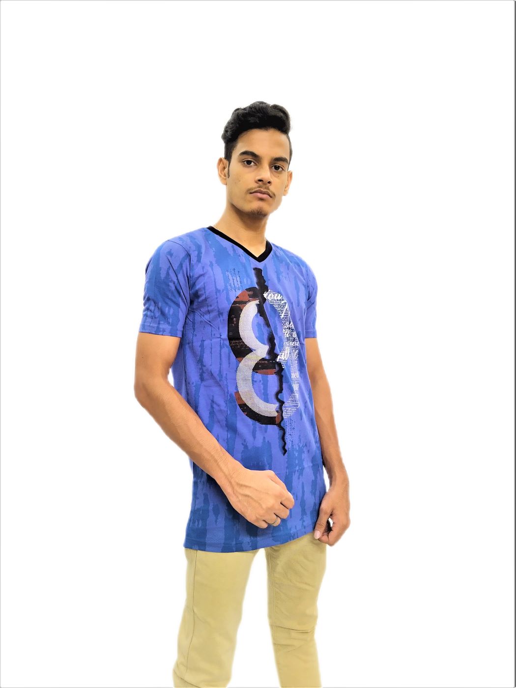 Men's Blue Print Regular Fit V-Neck Half Sleeve T-Shirt - Image 7