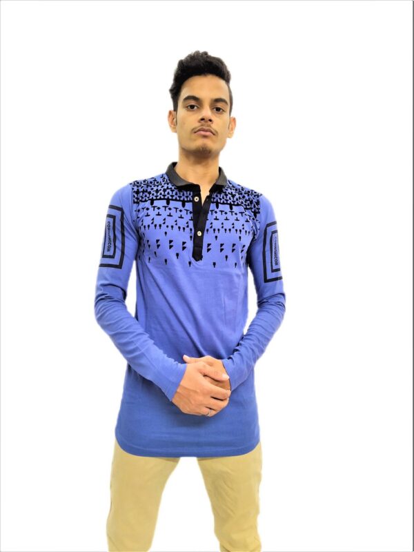 Men's Blue Printed Full Sleeve Collared T-Shirt