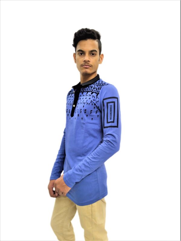 Men's Blue Printed Full Sleeve Collared T-Shirt - Image 2