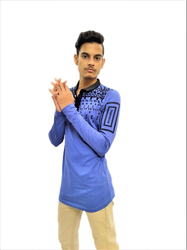 Men's Blue Printed Full Sleeve Collared T-Shirt - Image 3