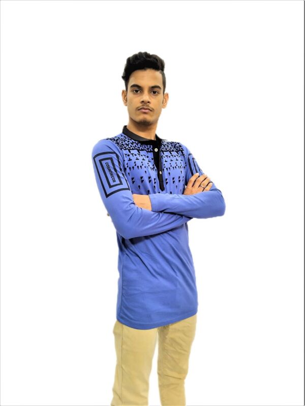 Men's Blue Printed Full Sleeve Collared T-Shirt - Image 4