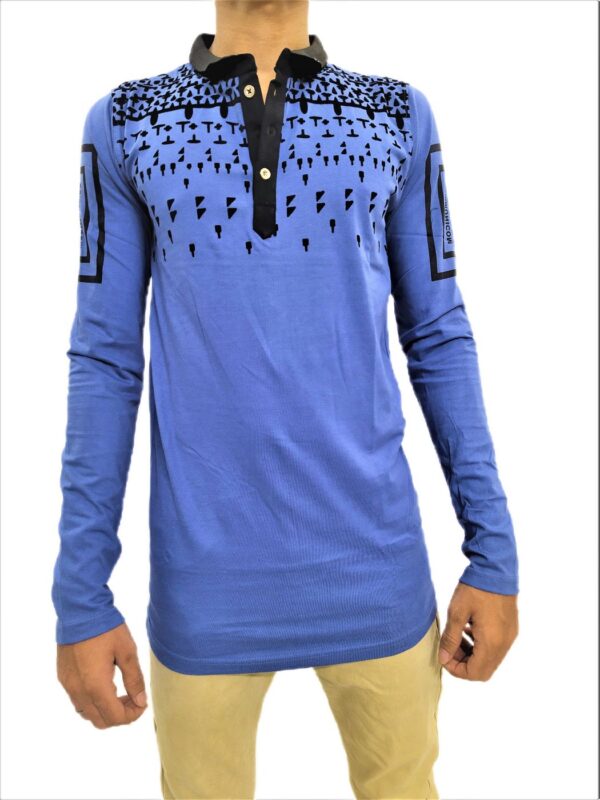 Men's Blue Printed Full Sleeve Collared T-Shirt - Image 7