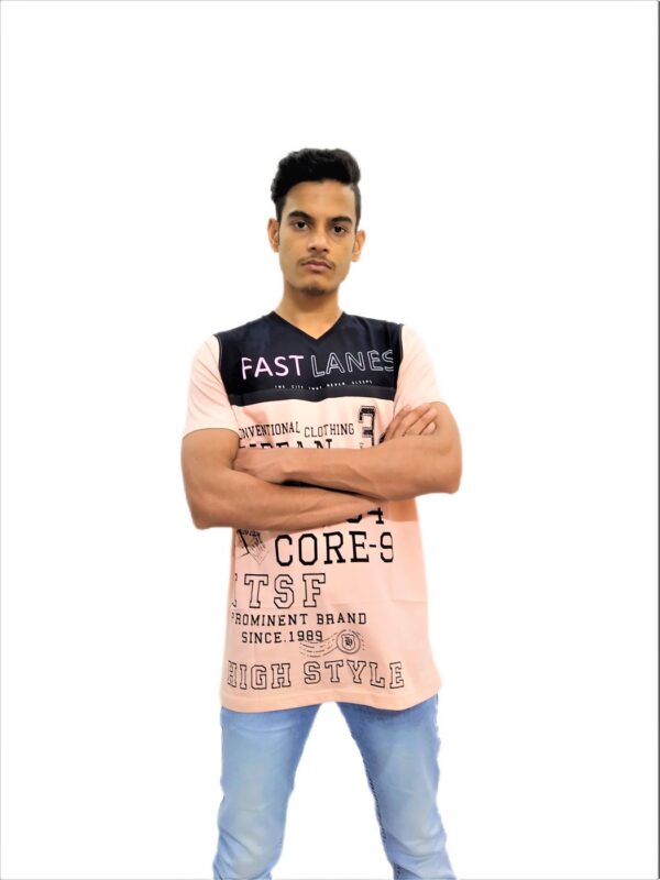 Men's Cream (Badami) Regular Fit V-Neck Half Sleeve T-Shirt - Image 2