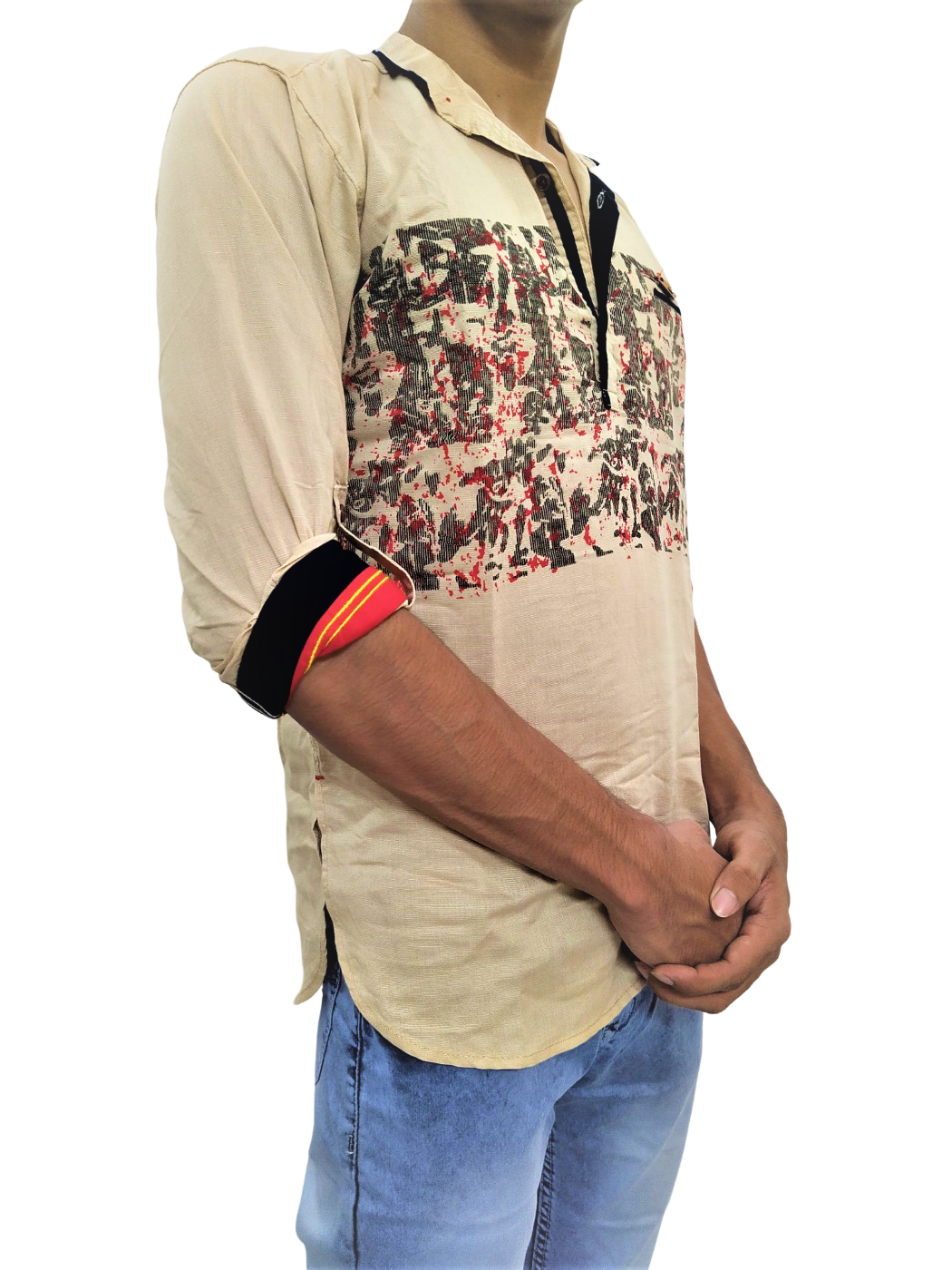 Men's Printed Fitted Kurta Shirt With Half Sleeves - Golden Cream