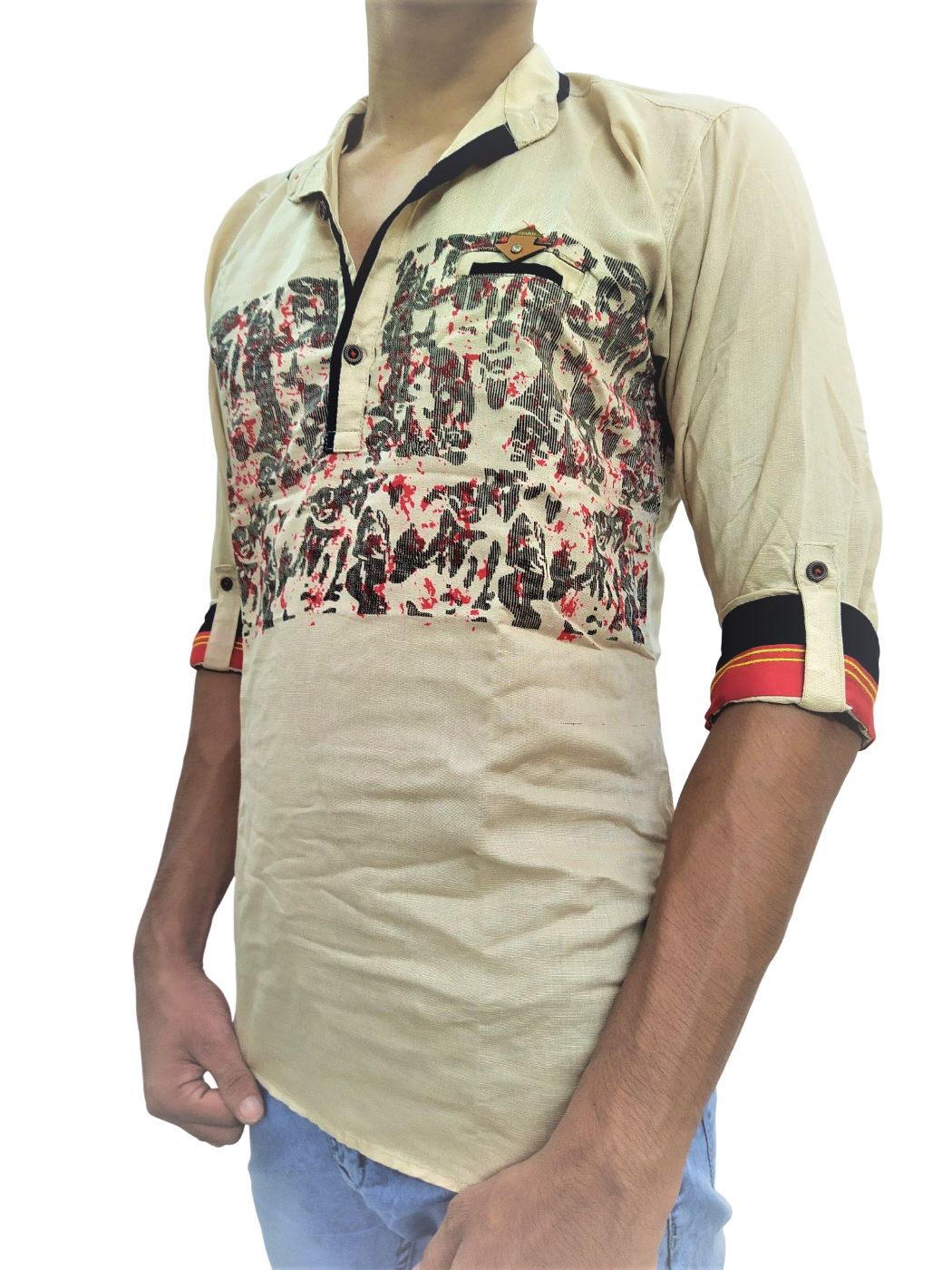 Men's Printed Fitted Kurta Shirt With Half Sleeves - Golden Cream - Image 6