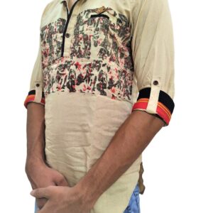 Alternative view of Men's Printed Fitted Kurta Shirt With Half Sleeves - Golden Cream