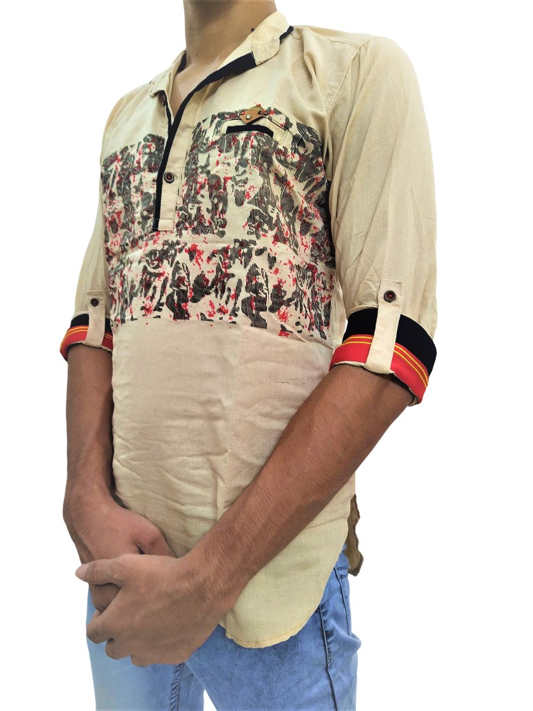 Men's Printed Fitted Kurta Shirt With Half Sleeves - Golden Cream - Image 2