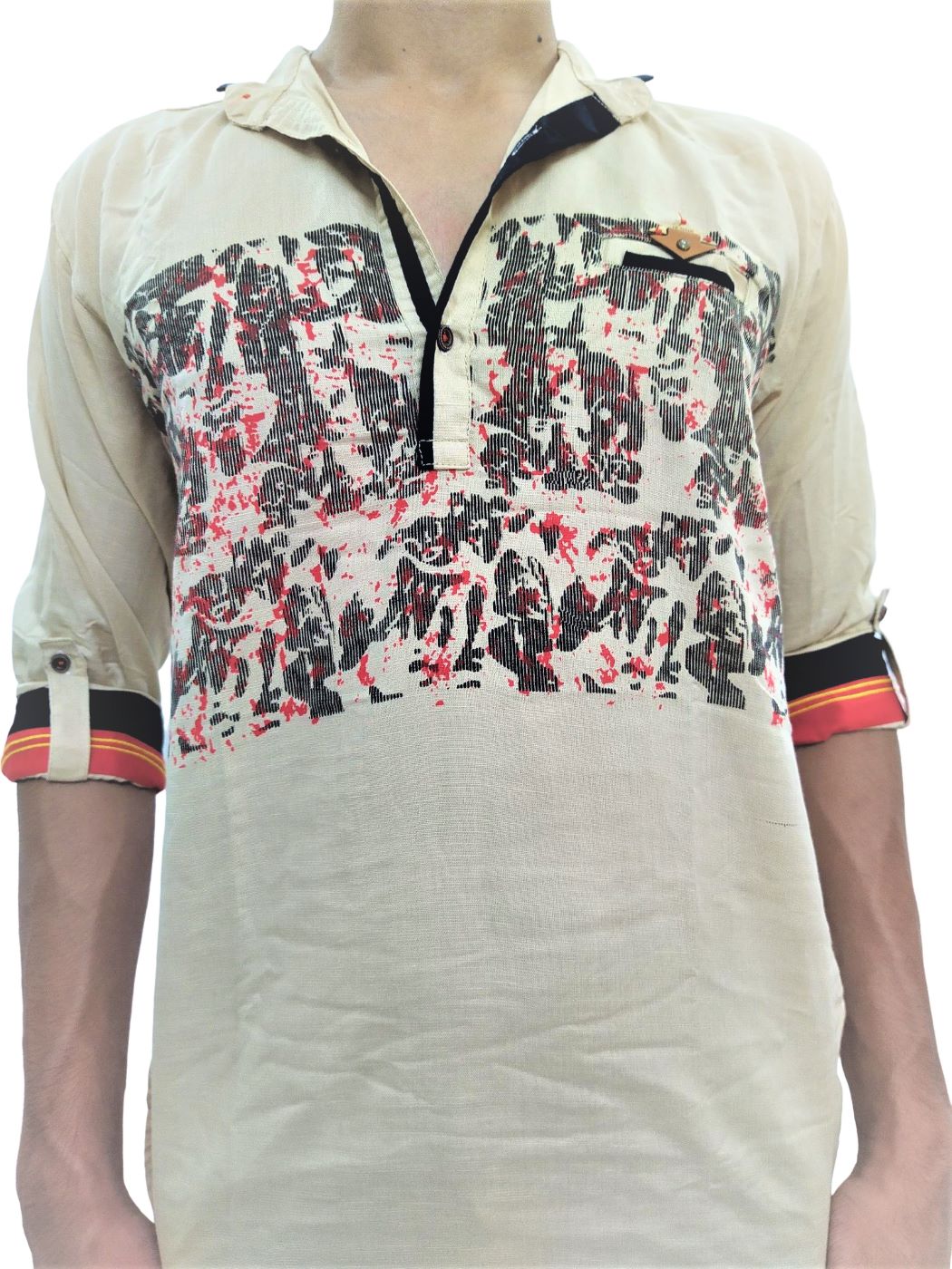 Men's Printed Fitted Kurta Shirt With Half Sleeves - Golden Cream - Image 3