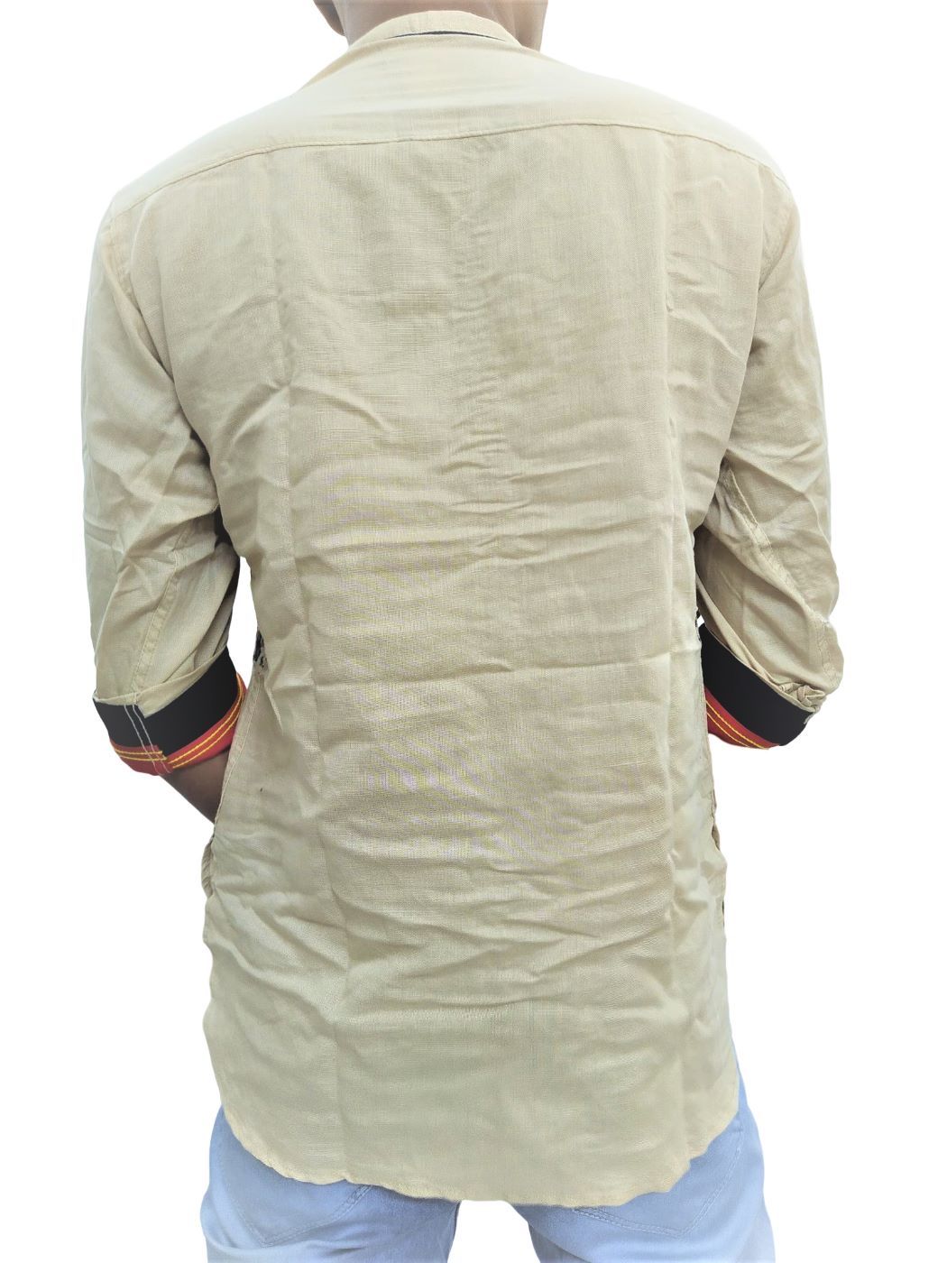 Men's Printed Fitted Kurta Shirt With Half Sleeves - Golden Cream - Image 4