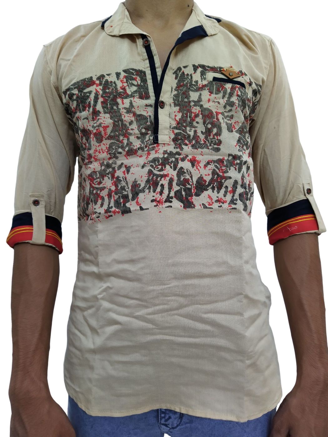 Men's Printed Fitted Kurta Shirt With Half Sleeves - Golden Cream - Image 5