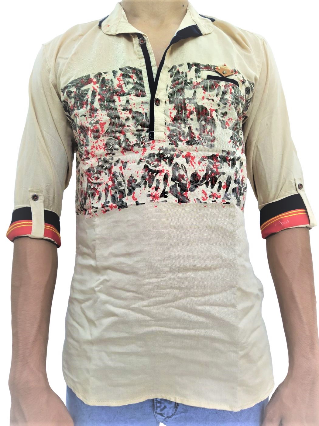 Men's Printed Fitted Kurta Shirt With Half Sleeves - Golden Cream - Image 7