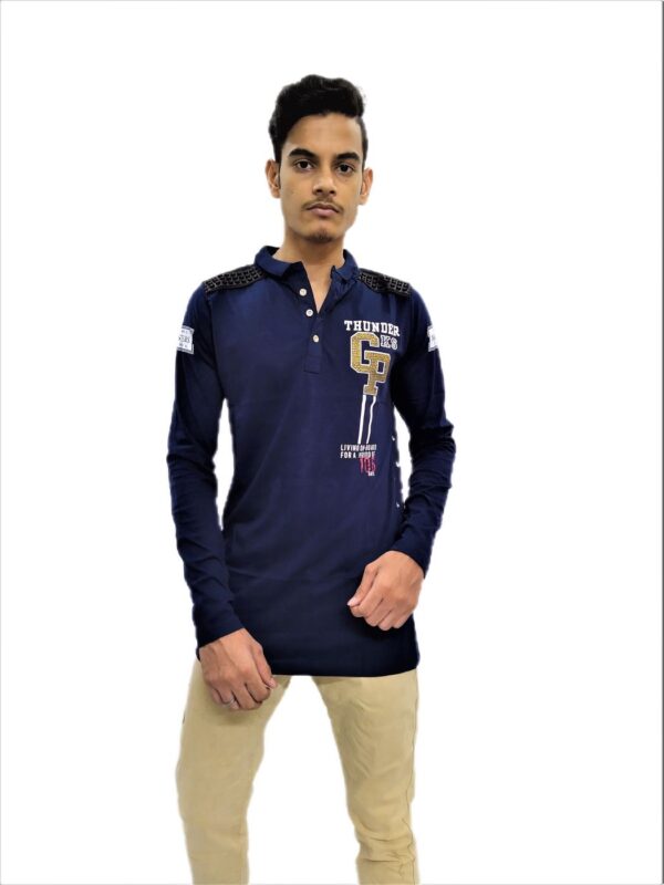 Men's Dark Blue Printed Collared Full Sleeve T-Shirt - Image 2