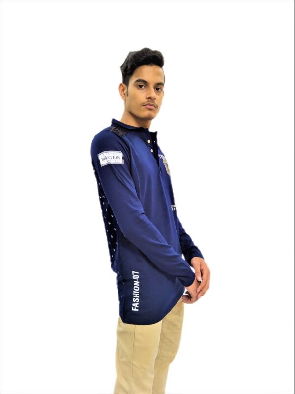 Men's Dark Blue Printed Collared Full Sleeve T-Shirt - Image 3