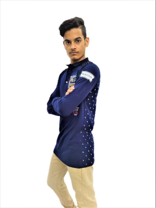 Men's Dark Blue Printed Collared Full Sleeve T-Shirt - Image 4