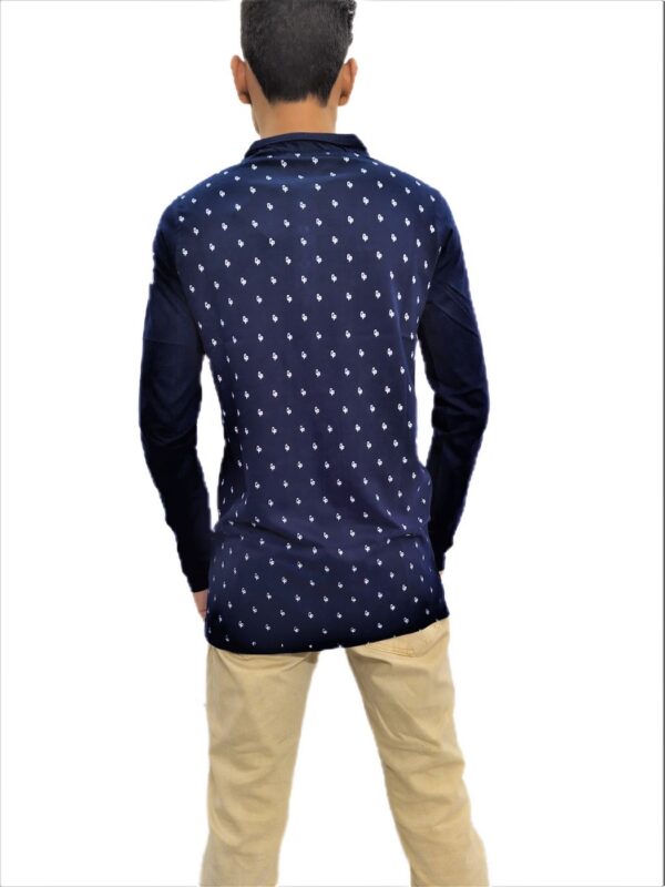 Men's Dark Blue Printed Collared Full Sleeve T-Shirt - Image 5