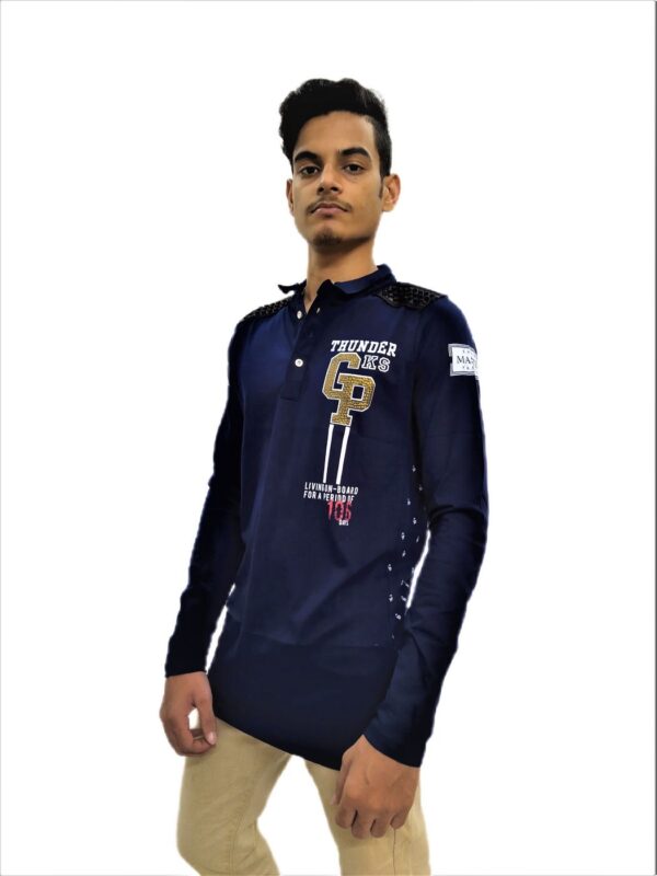 Men's Dark Blue Printed Collared Full Sleeve T-Shirt - Image 6