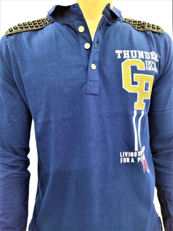 Men's Dark Blue Printed Collared Full Sleeve T-Shirt - Image 7