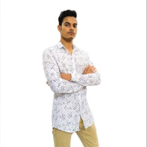 Men's Fashion White Printed Slim Fit Light Soft Cotton Fine Fiber Casual Shirt