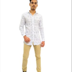 Alternative view of Men's Fashion White Printed Slim Fit Light Soft Cotton Fine Fiber Casual Shirt