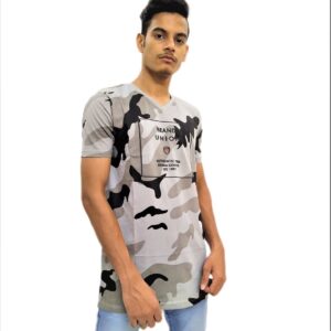 Men's Gray Print Regular Fit V-Neck Half Sleeve T-Shirt