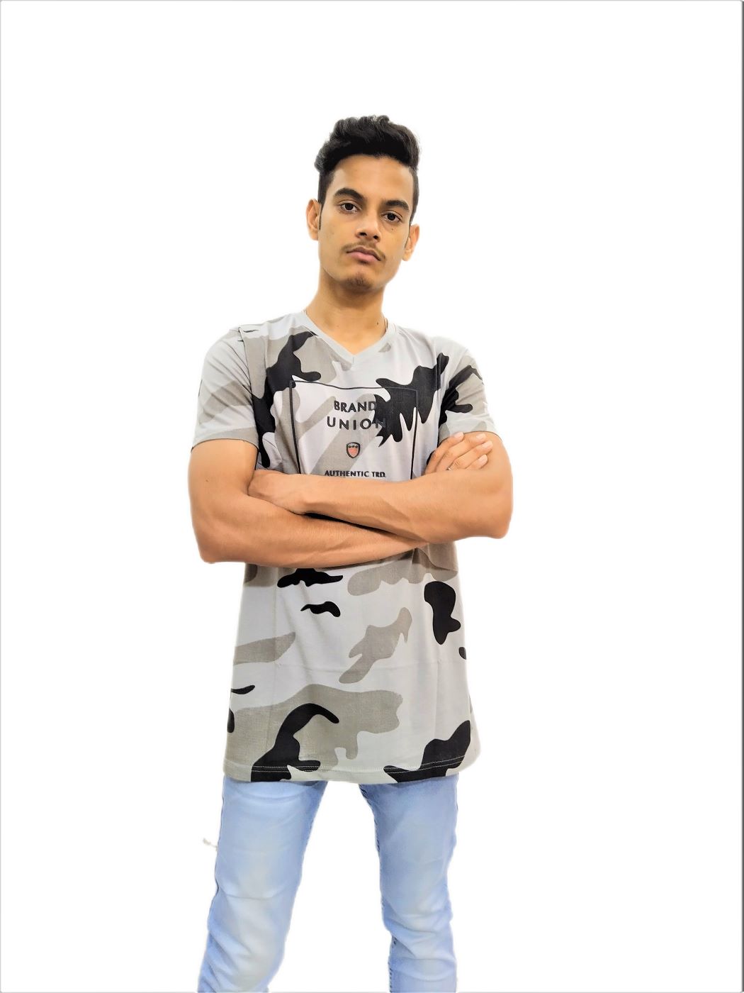 Men's Gray Print Regular Fit V-Neck Half Sleeve T-Shirt - Image 3