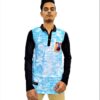 Men's Greenish Blue (Turquoise) - Printed Mandarin Collared Full Sleeve T-Shirt