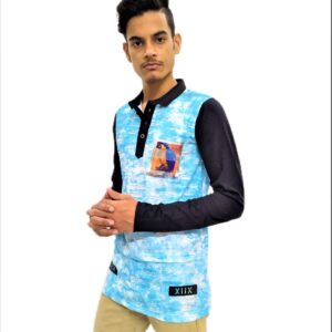 Alternative view of Men's Greenish Blue (Turquoise) - Printed Mandarin Collared Full Sleeve T-Shirt