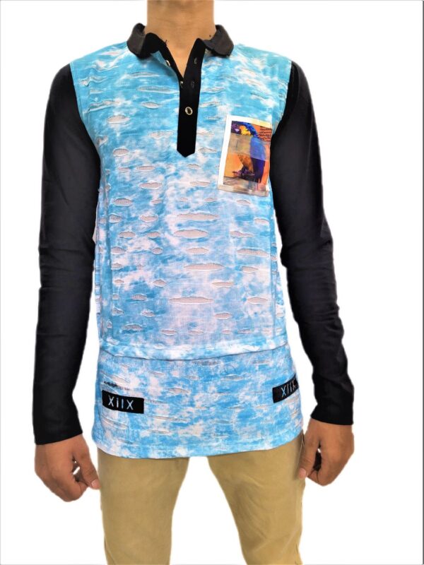 Men's Greenish Blue (Turquoise) - Printed Mandarin Collared Full Sleeve T-Shirt - Image 5