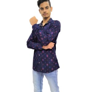 Men's Navy Blue Printed Soft Denim Casual Shirt