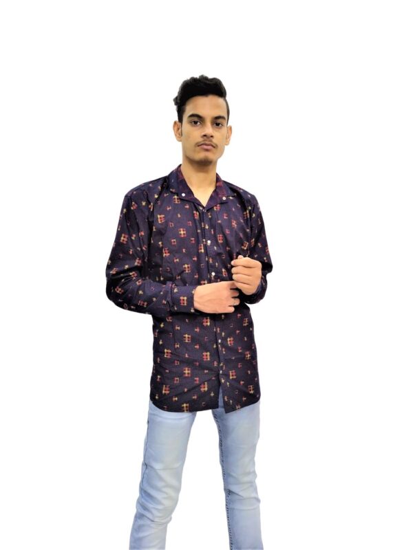 Men's Blue Printed Yellow Cross Stripes Casual Shirt - Image 5