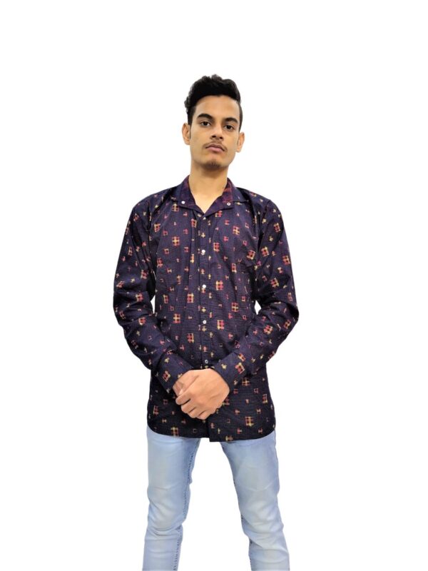 Men's Blue Printed Yellow Cross Stripes Casual Shirt - Image 6