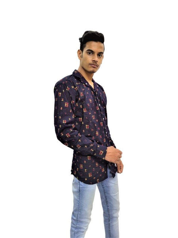 Men's Blue Printed Yellow Cross Stripes Casual Shirt - Image 7