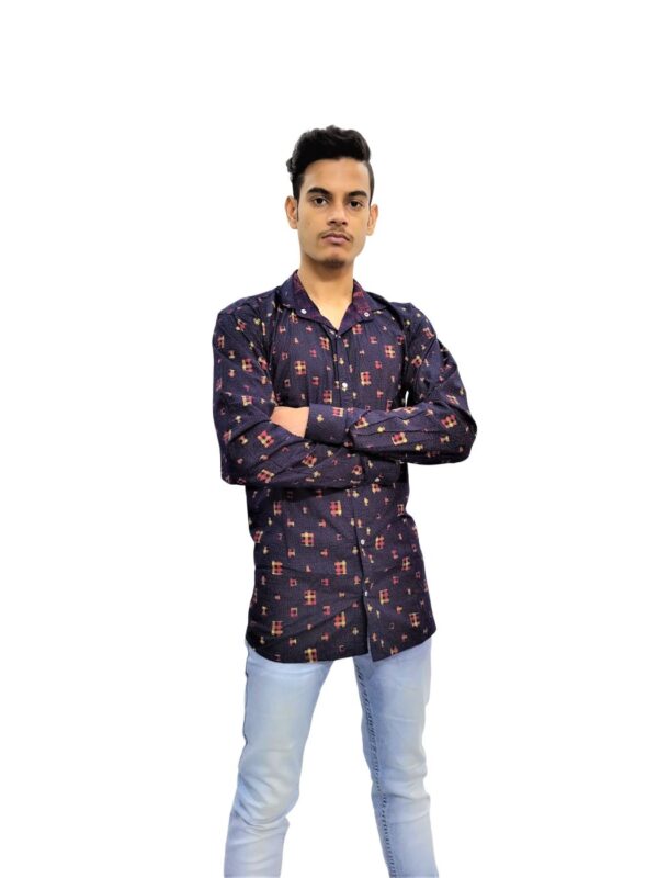 Men's Blue Printed Yellow Cross Stripes Casual Shirt