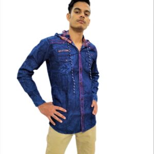 Men's Solid Dark Blue Hooded Full Sleeve Casual Shirt